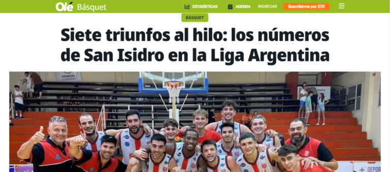 Diario Olé habla de los 7 triunfos consecutivos de San Isidro en Liga Argentina